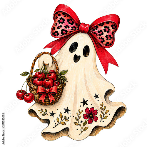 Whimsical ghost holding a cherry basket with floral patterns and a leopard print bow.