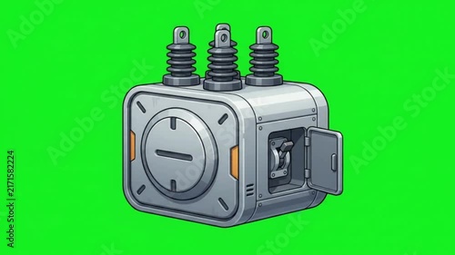 Futuristic electrical transformer unit with insulators on a green screen background