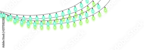 Glowing green string lights hanging against a plain white background