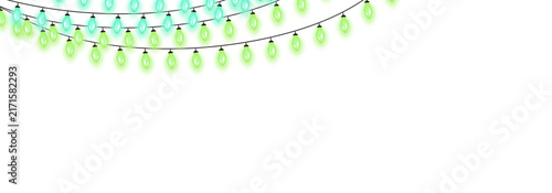 Green and blue glowing string lights on white background