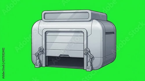 Futuristic sci-fi garage door isolated on green screen for VFX compositing.