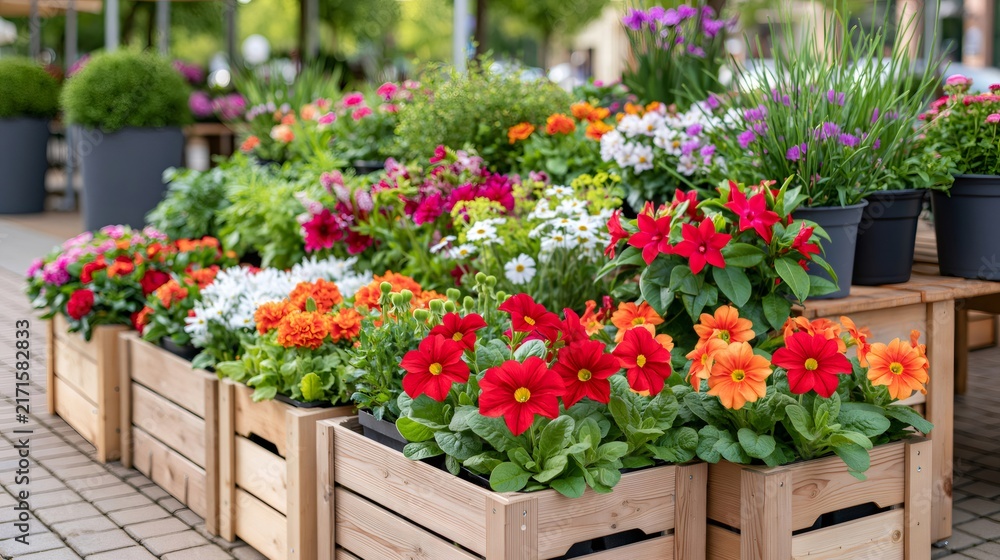 Naklejka premium Colorful flowers and plants displaying in wooden boxes