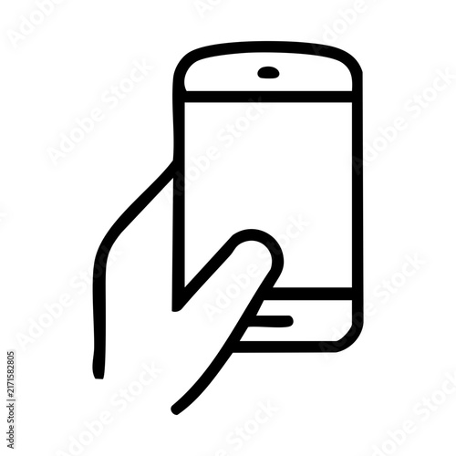 Outline-style visual of a mobile phone gripped firmly by an isolated hand falls into the device handling concept, relates to mobile interaction, and can be used for user manual illustrations