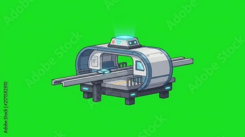 Futuristic sci-fi monorail station with glowing light on a green screen background.