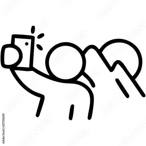 Outline illustration shows an individual holding a phone up to take a picture of themselves with mountains behind them falls into the travel photography concept related to tourism for travel blogs