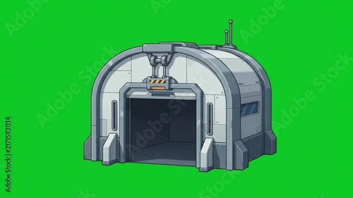 Futuristic sci-fi hangar building isolated on green screen for game design and animation.