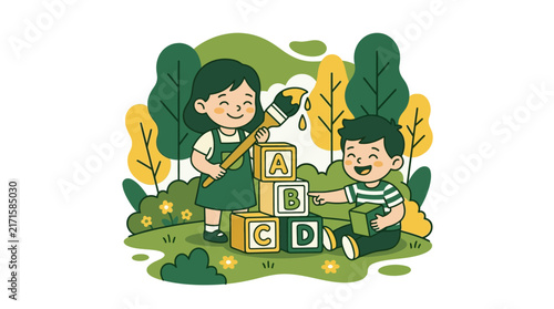 Two happy children painting alphabet blocks outdoors.