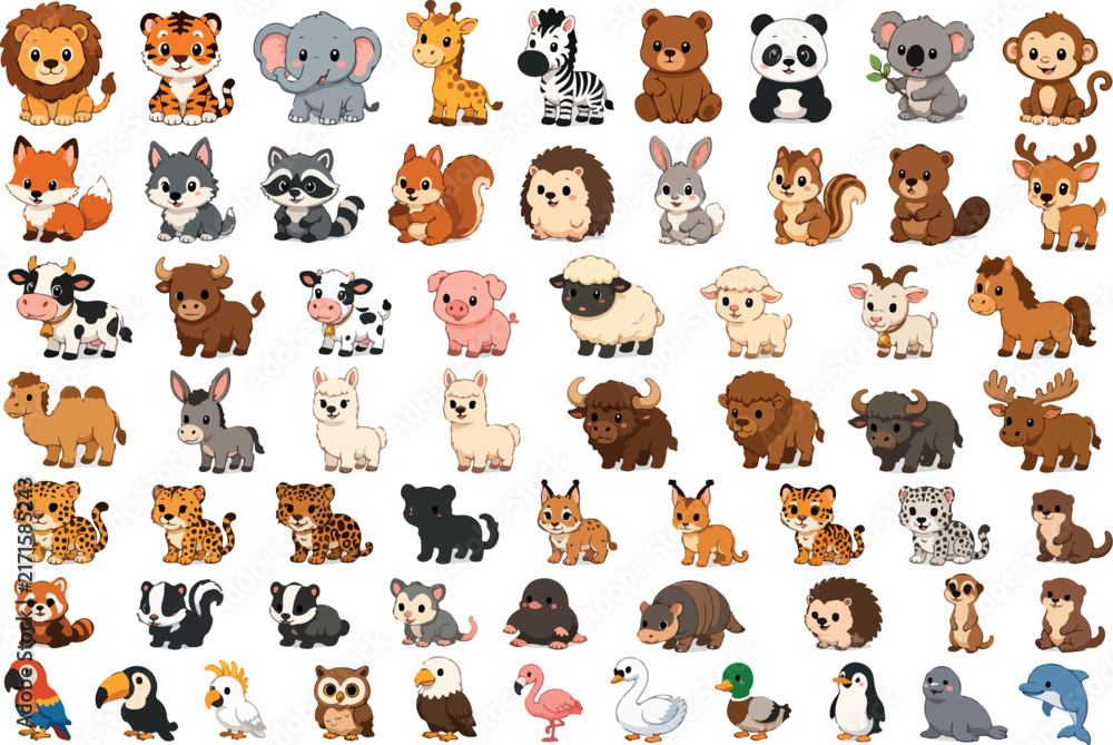 Obraz premium Mega Cute Cartoon Animals Vector Icon Bundle - Big Kawaii Wild, Farm, Safari, and Marine Animals Sticker Pack for Kids