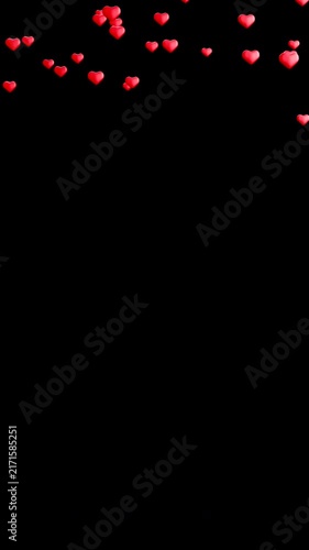 Red heart emoji floating upward on black background, Valentine's Day love animation loop, vertical video, media social
