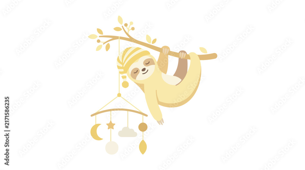 Naklejka premium A cute cartoon sloth wearing a nightcap sleeps while hanging from a tree branch attached to a hanging baby crib mobile.