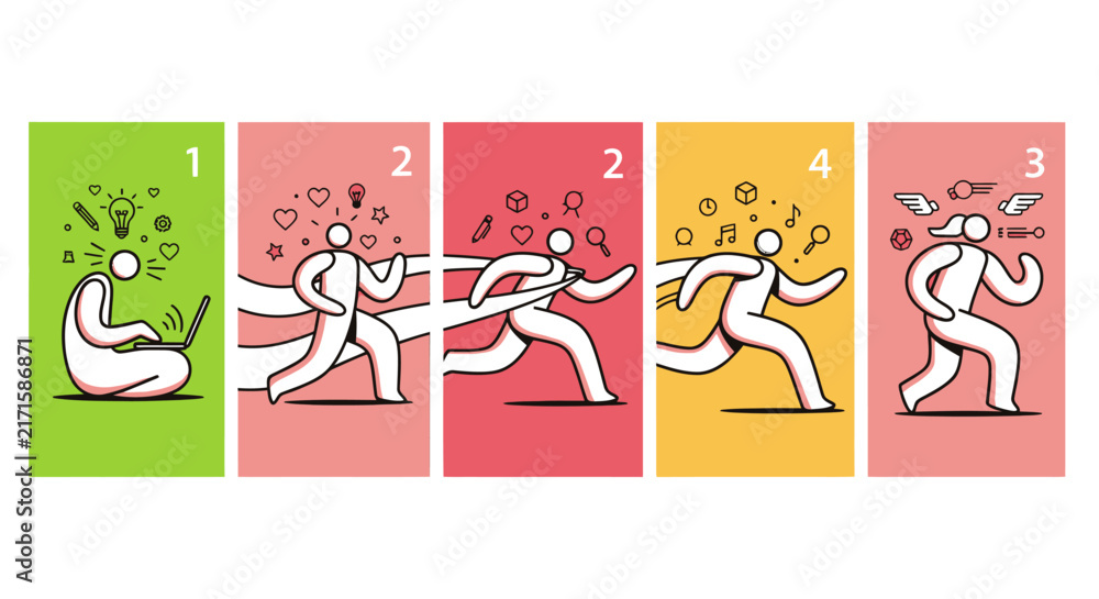 Fototapeta premium Five Panel Colorful Sequence Showing a Running Figure in Motion.