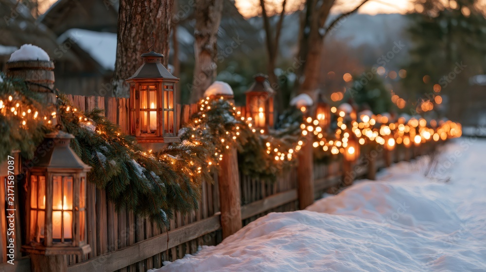 Fototapeta premium Rustic fence decorated with lanterns and lights for holidays