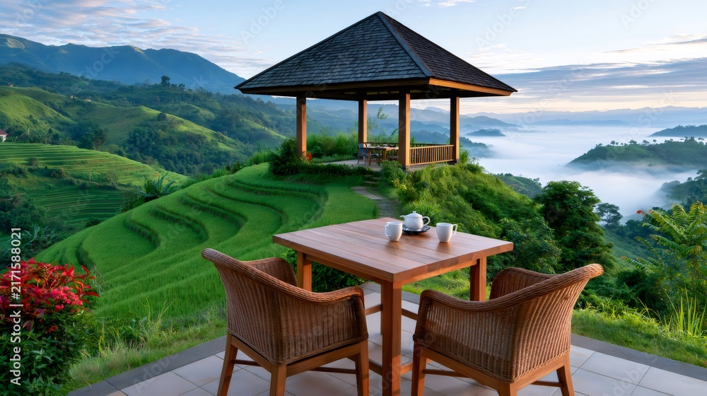 Fototapeta premium Morning tea overlooking rice terraces and misty valley