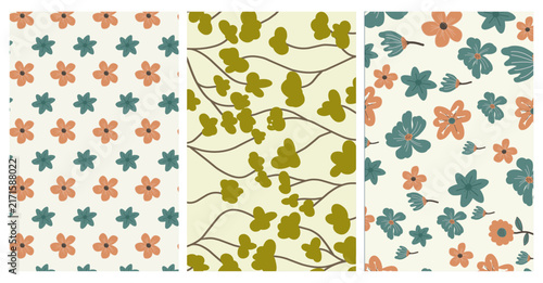 Canvas Print A delightful collection of three seamless floral vector patterns featuring charming blooming flowers and vibrant natural leaves in soft earth-tone palettes for creative design projects