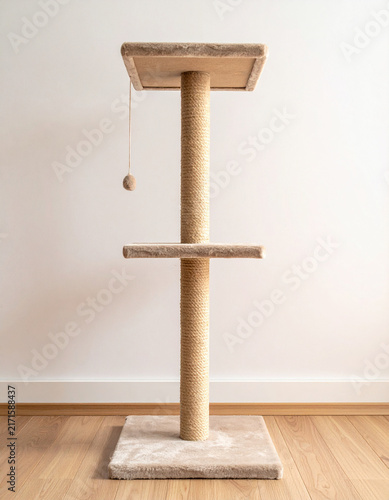 Tall cat tree standing against plain wall filling frame vertically with soft indent on top platform in soft daylight generative AI