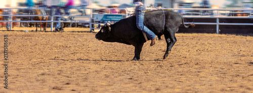 Cowboy Riding Bull At Rodeo