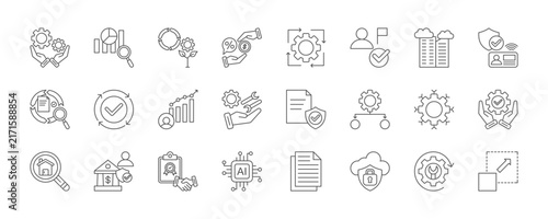 corporate strategy icon set collection in line style. icon set consist of control, data analysis, sustain, commission, automation, commitment, skyscraper. editable stroke.