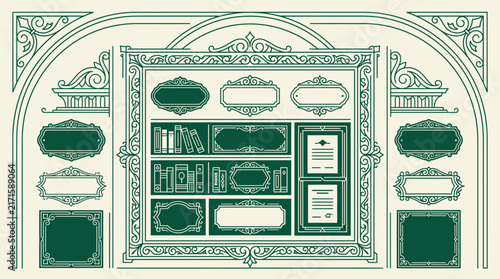 Ornate Vintage Frame and Bookshelf Graphic Design Elements