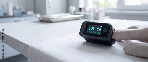 Pulse oximeter on a finger displaying heart rate and oxygen saturation in a hospital or clinic setting