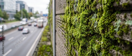 Green moss covered sound barrier wall along busy city highway reduces traffic noise pollution while supporting urban ecological biodiversity