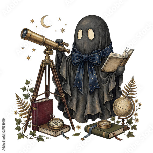 Charming scholarly ghost observing stars with telescope, ancient books, and globe.