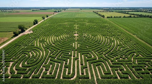 Aerial High Angle View of a Complex Corn Maze in a Vast Green Agricultural Field during Summer