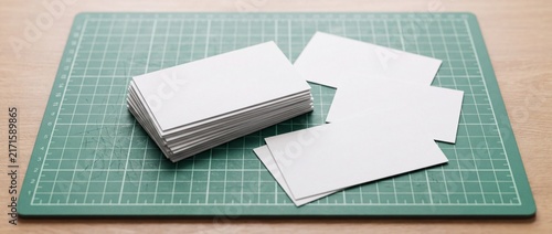 Blank white business card stack and scattered cards on green grid self-healing cutting mat for craft design branding mockup project