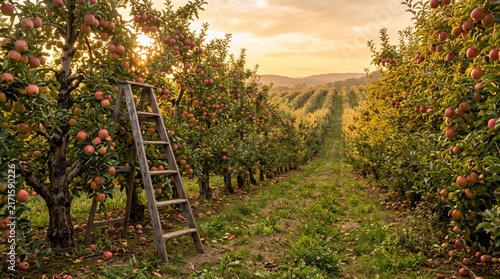Ripe red apple orchard with wooden ladder at sunset during autumn harvest in rural landscape