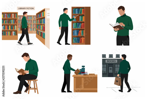 Flat vector illustration set of a man browsing, reading, and buying books in a library and bookstore environment
