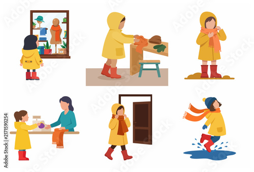 Little girl buying autumn clothes and playing in puddles illustration set