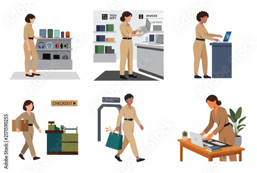 Woman shopping for gadgets and working in a modern electronics store and office setting, flat vector illustration set