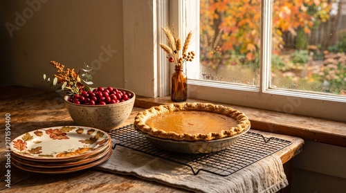 Delicious homemade pumpkin pie with fresh cranberries and autumn foliage visible through a window