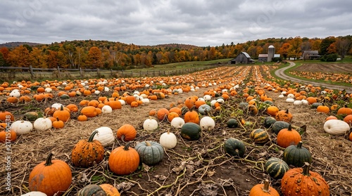 Vast pumpkin patch stretching towards a distant farmhouse under a cloudy autumn sky