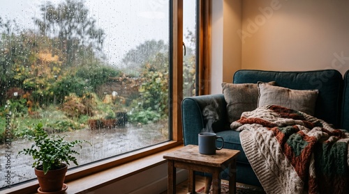 Cozy living room with a large window showcasing a rainy garden scene outside, perfect for a relaxing evening indoors