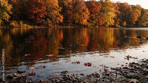 Autumn river landscape with colorful fall foliage trees reflecting in calm water at sunset
