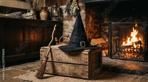 Halloween witch hat and broomstick with a cozy fireplace in a rustic room