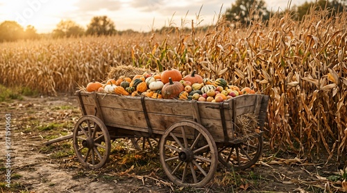 Rustic wooden cart brimming with colorful pumpkins and gourds in a sun-drenched cornfield, autumn harvest scene
