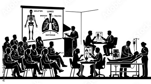 Medical lecture with doctors and students studying respiratory system anatomy