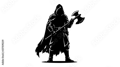 Silhouette of hooded warrior holding battle axe isolated on white background
