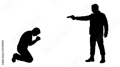Man kneeling in prayer while another points gun silhouette style