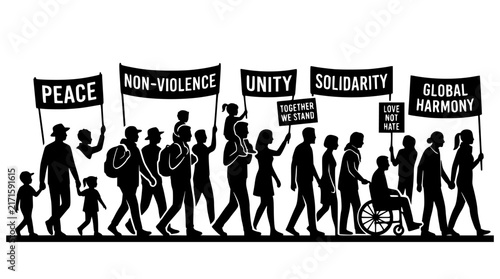 Diverse group marching for peace unity and non-violence with banners