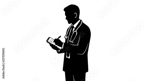 Doctor holding digital tablet and notebook silhouette