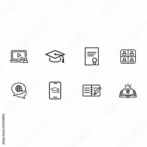 A set of linear education icons featuring learning tools like graduation caps, books, and certificates