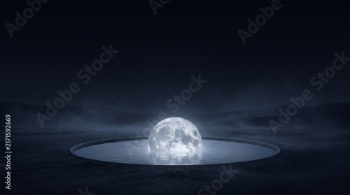 Surreal Full Moon Resting in a Minimal Circular Pool