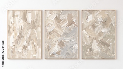 Minimalist Neutral Abstract Oil Painting Triptych Set with Textured Brushstrokes on Canvas for Interior Wall Art Mockup