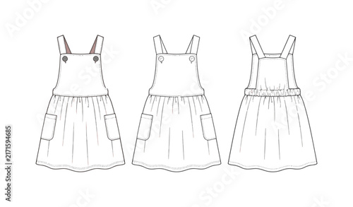Pinafore dress technical flat sketch silhouette icon set with front and back views, straps, pockets, and gathered skirt.svg