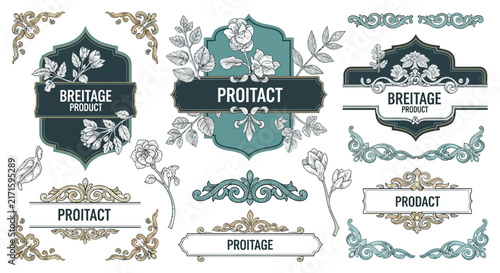 Ornate floral labels and borders, vintage design elements, isolated