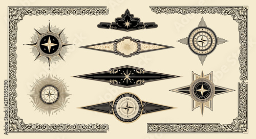Ornate Nautical Compass Designs and Decorative Borders, Isolated