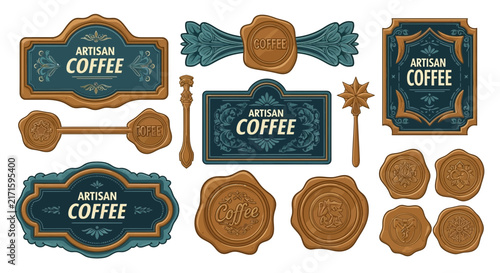 Vintage Artisan Coffee Labels and Wax Seals - Isolated Elements