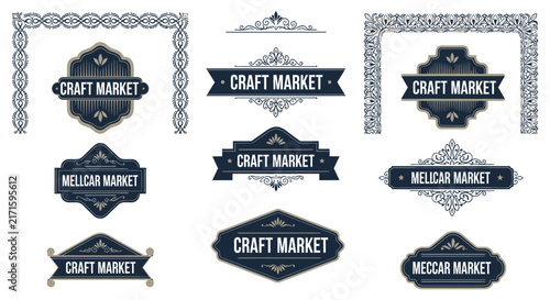 Vintage Craft Market Labels & Ornate Frames, Isolated Transparent Background